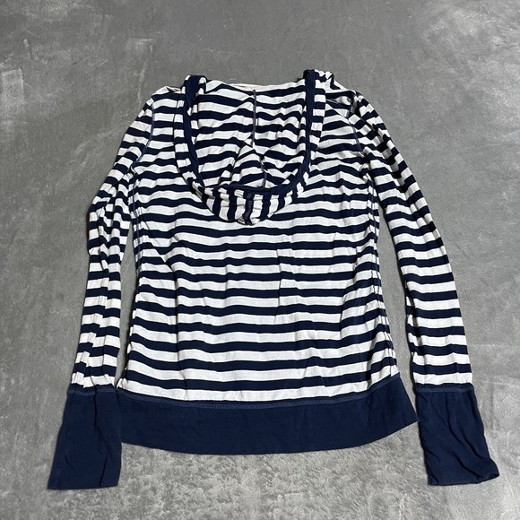 Y2K American Eagle Top Womens Large Navy White Striped Hooded Kangaroo Pocket - Picture 6 of 6